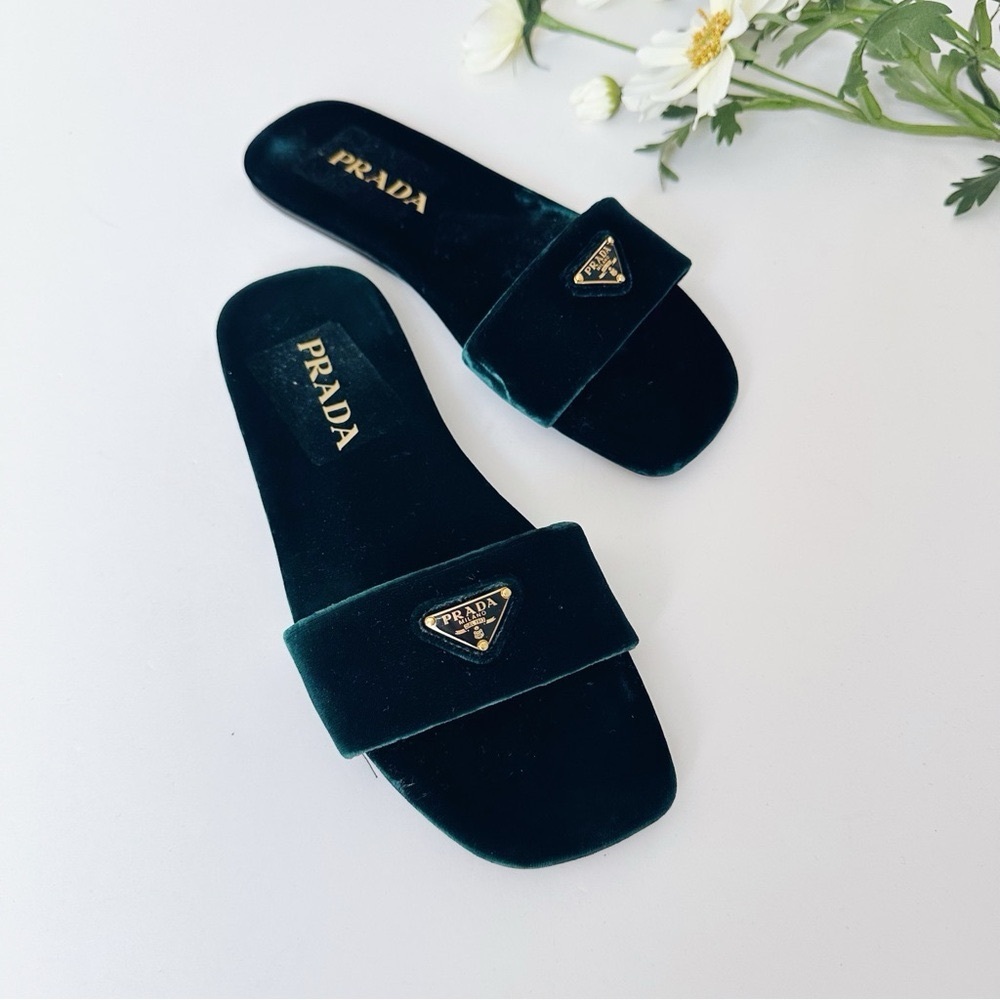 Prada Women’s Triangle Logo Dark Green Velvet Slide Sandals - Picture 5 of 13